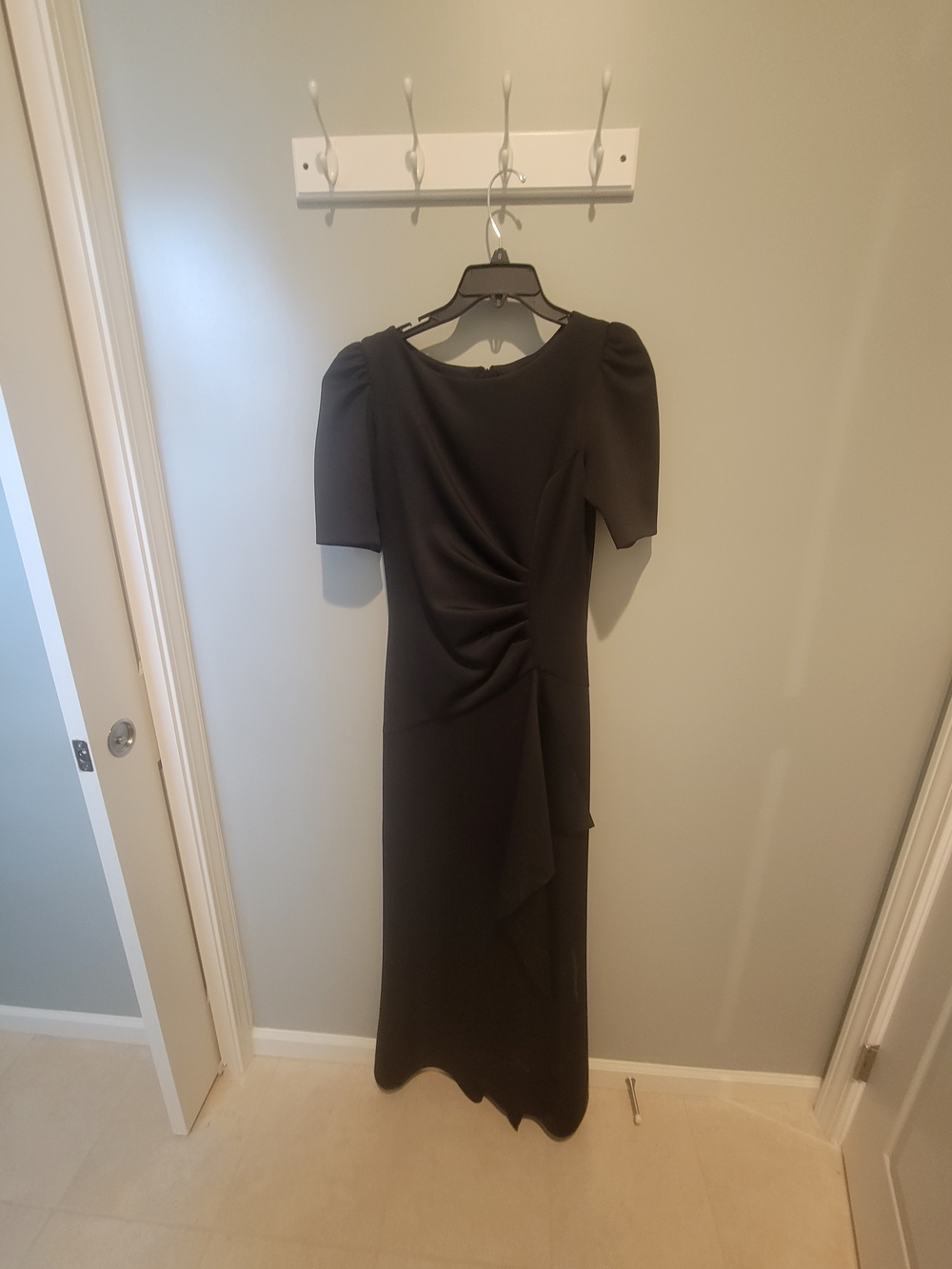 Xscape Black Ruched Scuba Ruffle Gown | Puff Sleeve | Size 10 | MSRP $218 READ - Picture 3 of 7